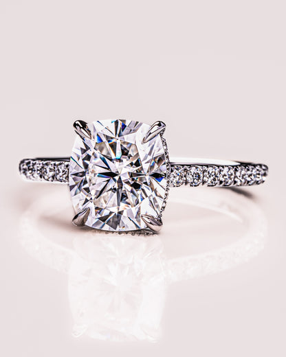 0.96 CT Cushion Moissanite Engagement Ring With Hidden Halo & Pave Setting