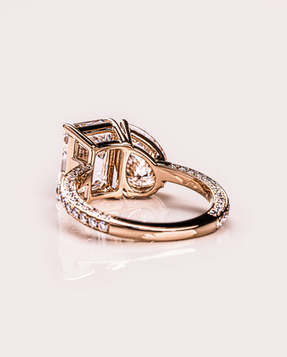 2.25 CT Emerald & Pear Two Stone Moissanite Engagement Ring With Three Side Pave Setting