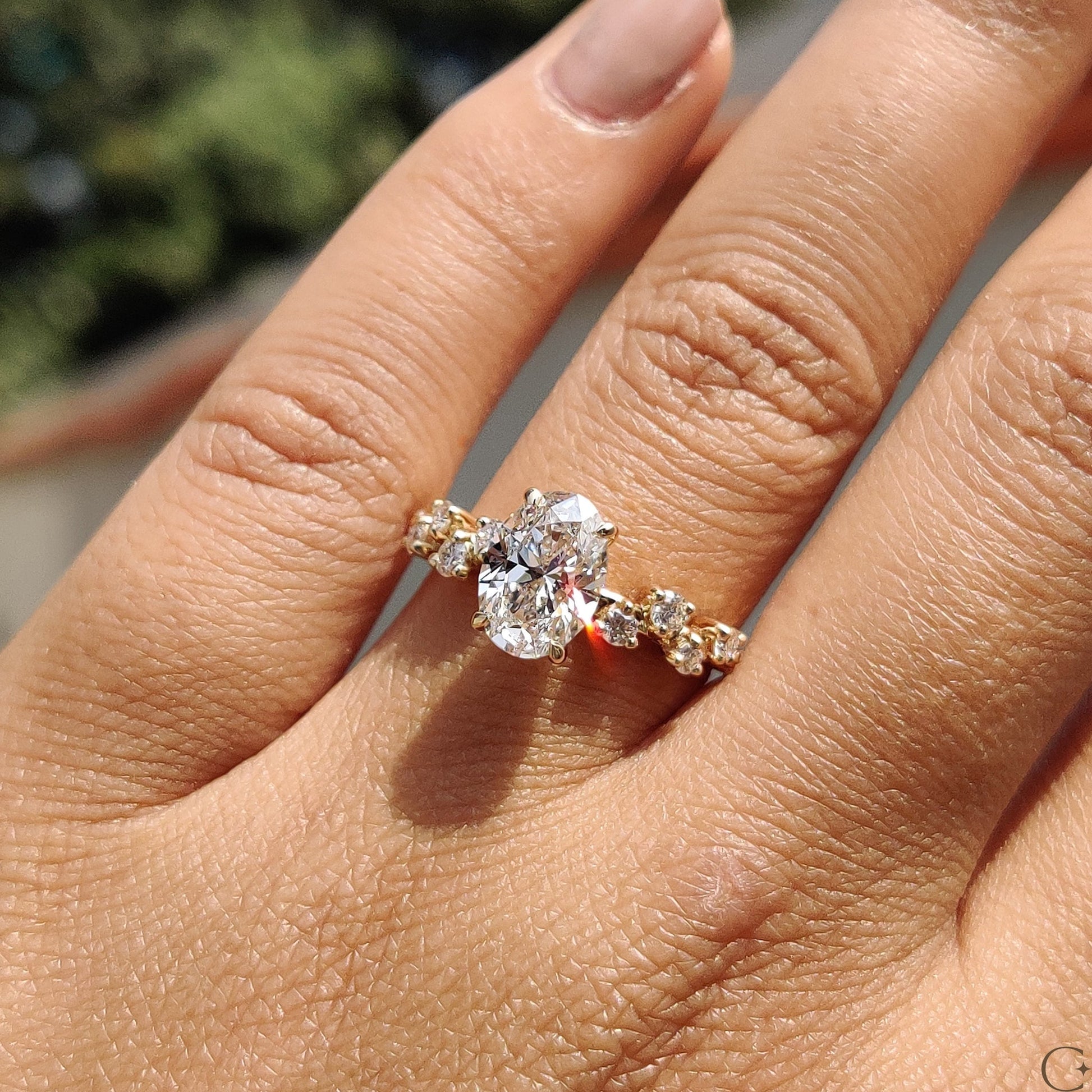 Oval Shape Engagement Ring with Zig Zag Band in Gold