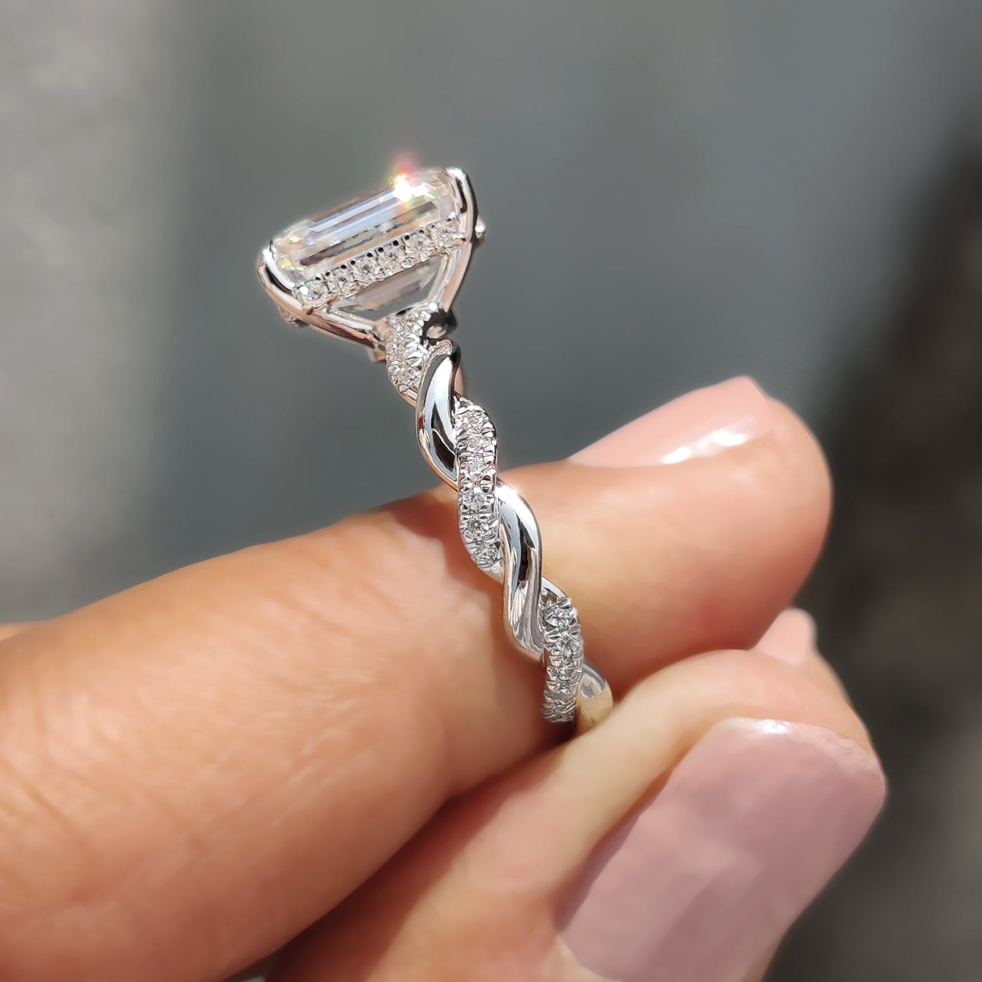 Emerald Cut Moissanite Ring With Hidden Halo Style