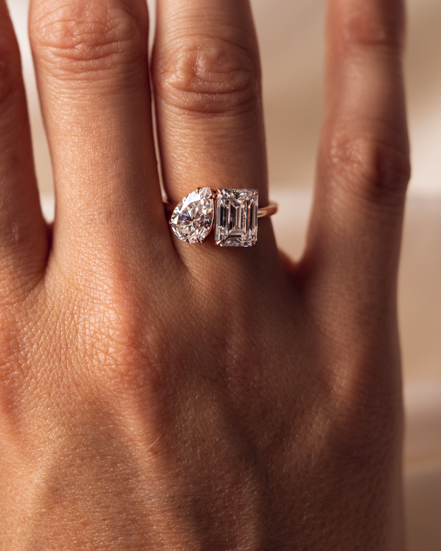 3.75 CT Emerald & Pear Cut Two Stones Toi Et Moi Moissanite Engagement Ring