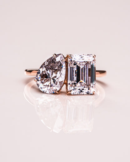 3.75 CT Emerald & Pear Cut Two Stones Toi Et Moi Moissanite Engagement Ring