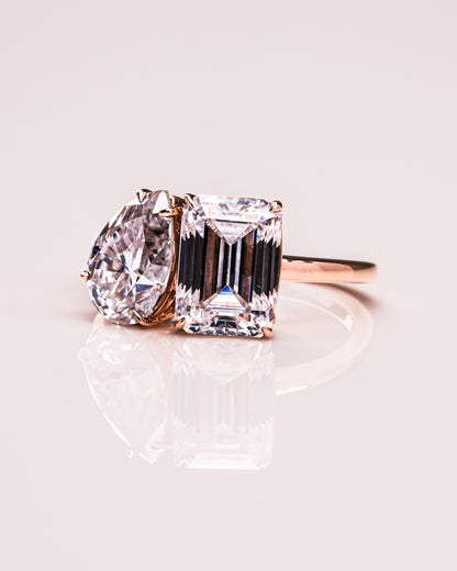 3.75 CT Emerald & Pear Cut Two Stones Toi Et Moi Moissanite Engagement Ring