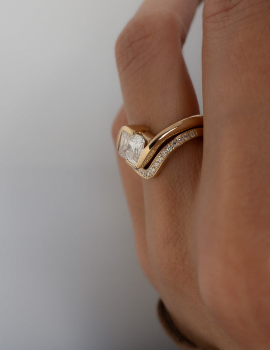 1.5 CT Asscher Moissanite Curved Shank Engagement Ring WIth Regular Pave Stacking Band