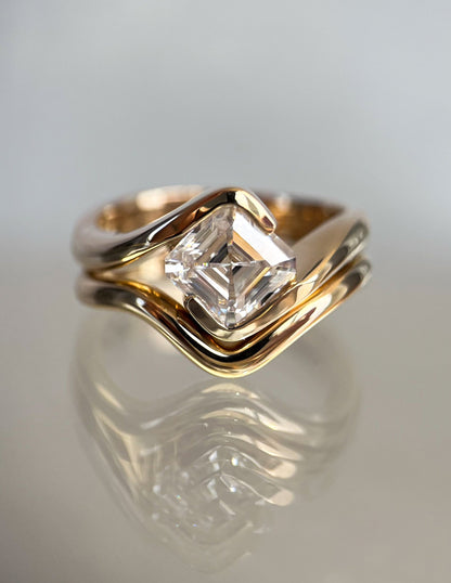 1.5 CT Asscher Moissanite Curved Shank Engagement Ring WIth Plain Stacking Band