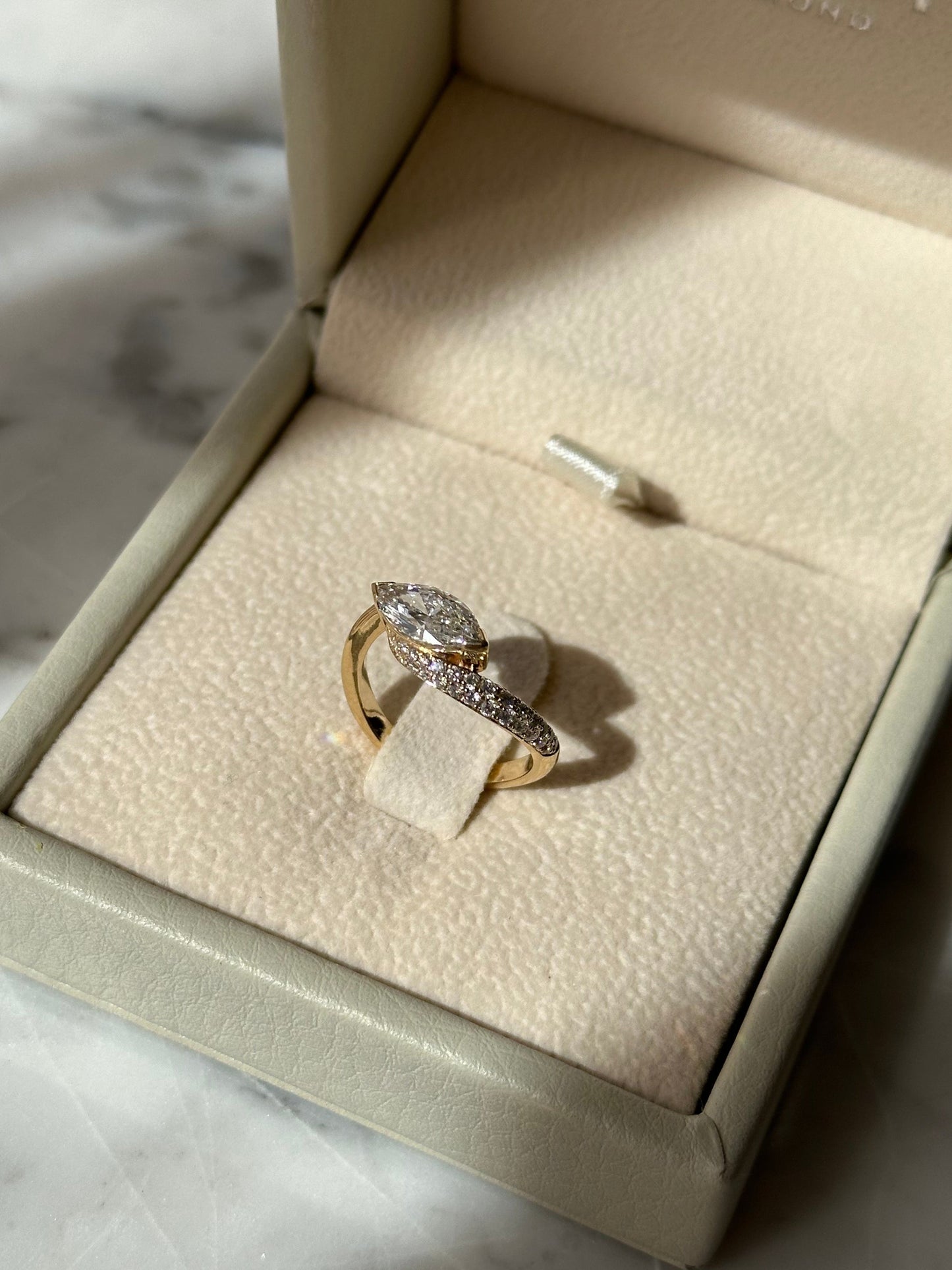 Marquise Shaped Three Stone Lab Grown Diamond Engagement Ring