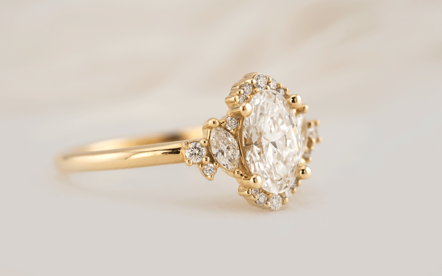 Marquise Shaped Three Stone Lab Grown Diamond Engagement Ring