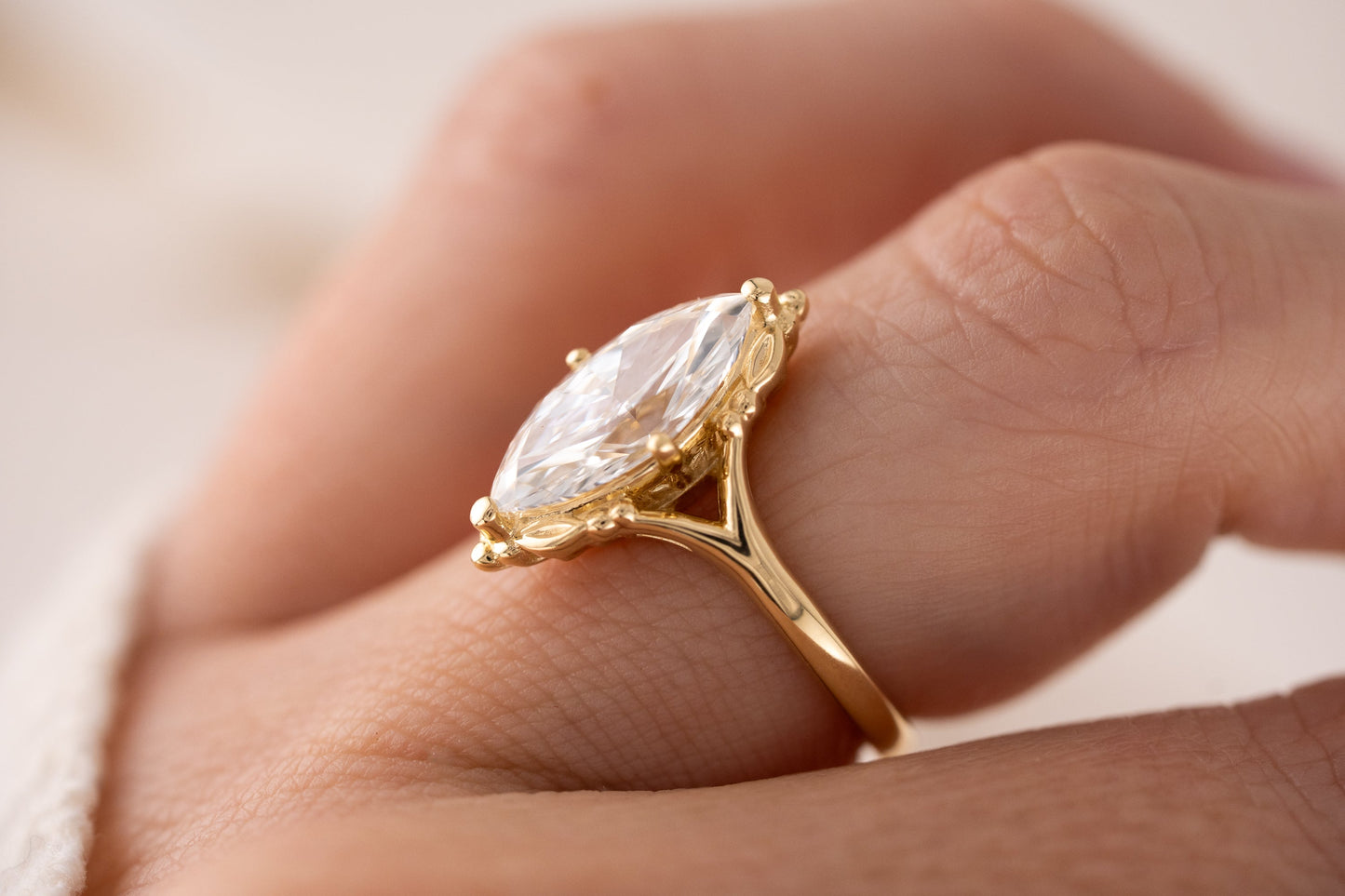 Marquise Shaped Three Stone Lab Grown Diamond Engagement Ring