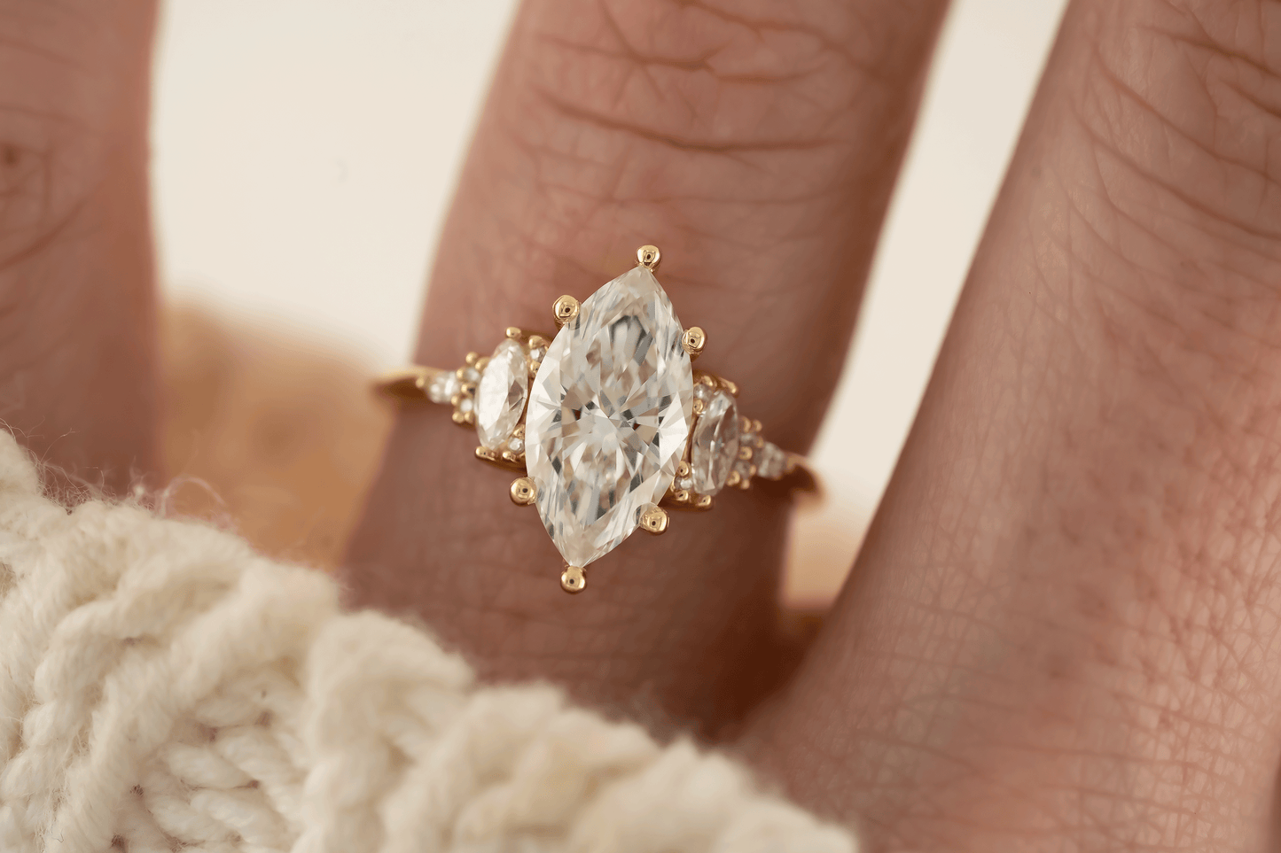 Marquise Shaped Three Stone Lab Grown Diamond Engagement Ring