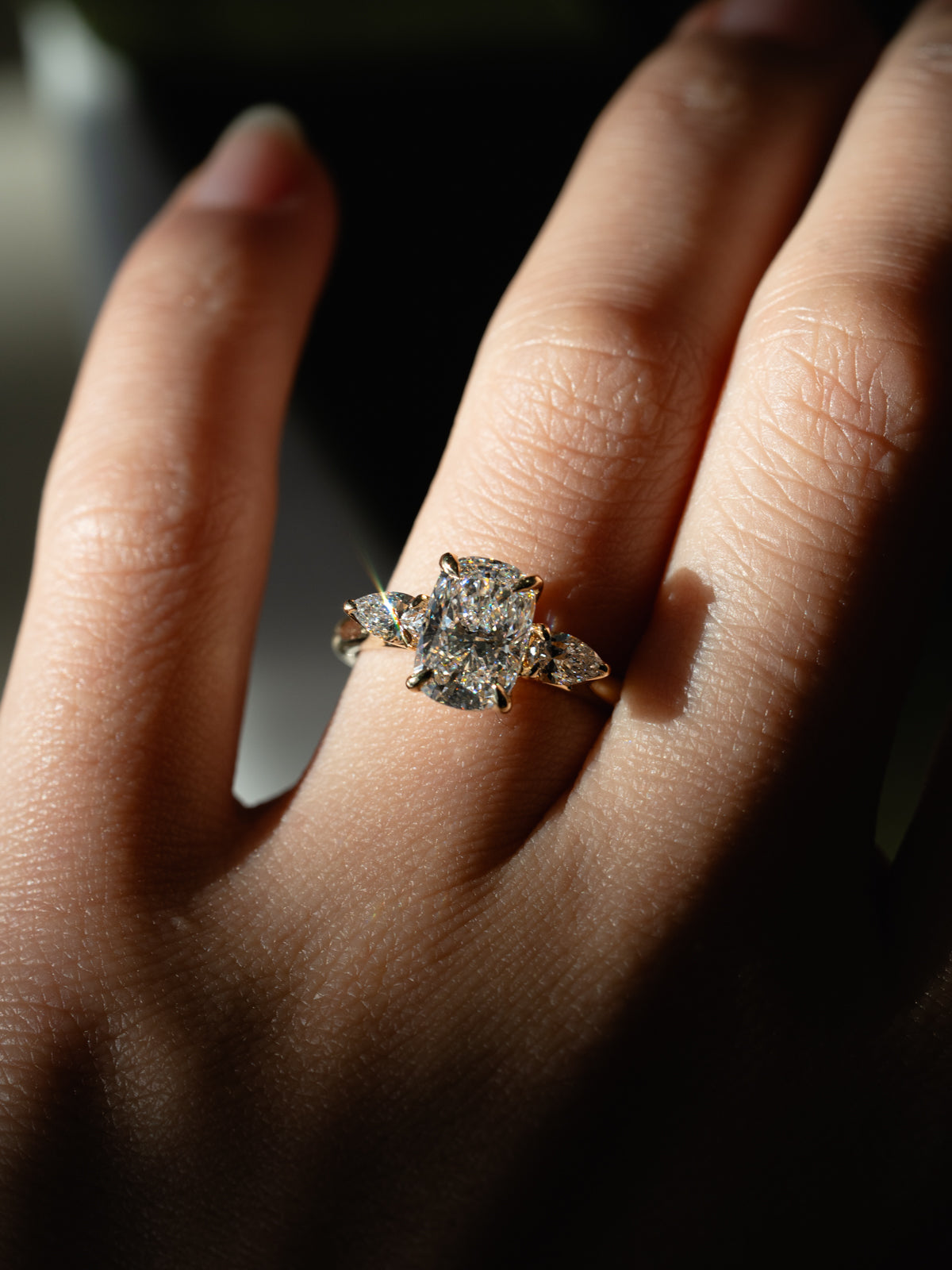 Marquise Shaped Three Stone Lab Grown Diamond Engagement Ring