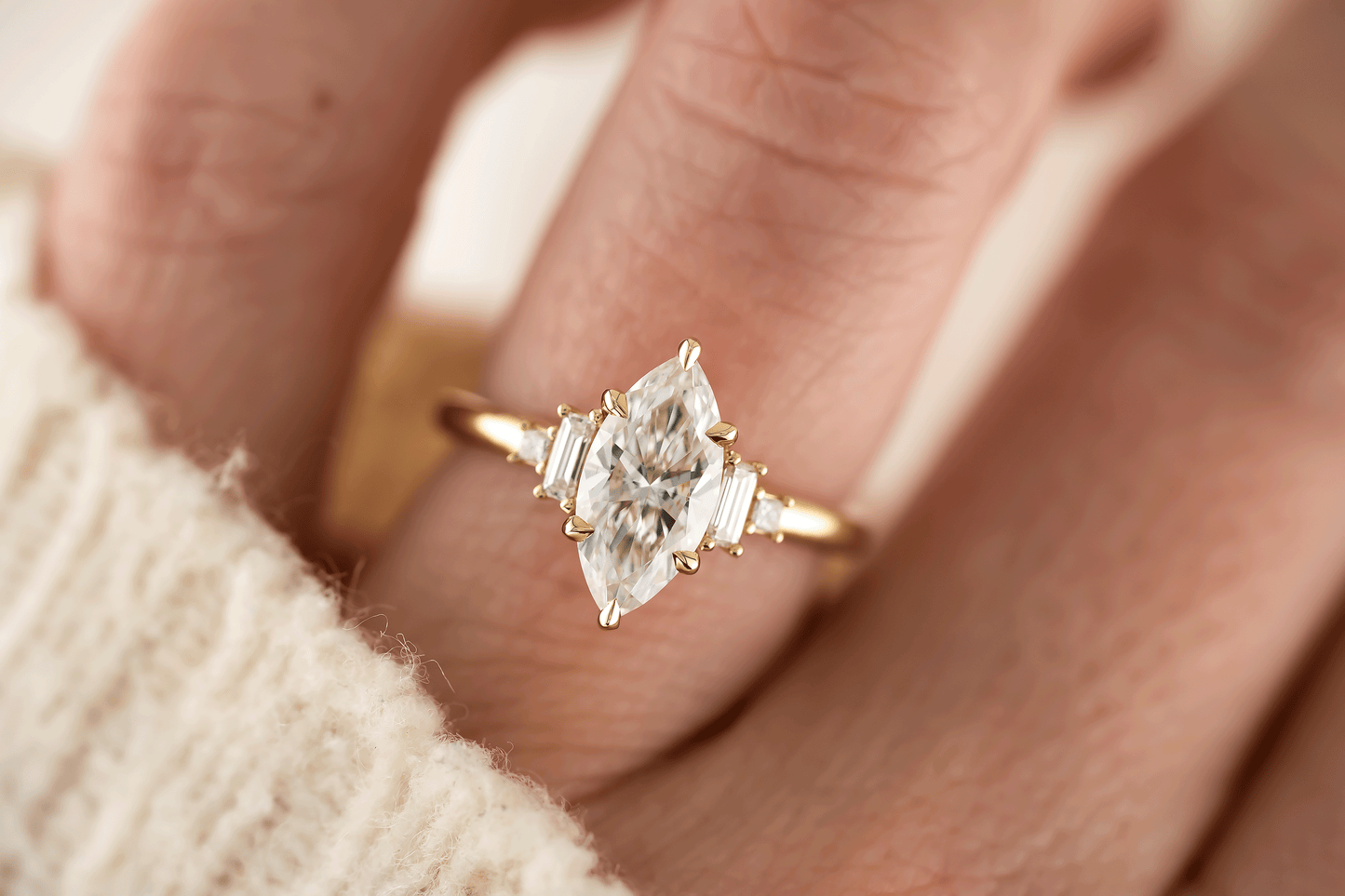 Marquise Shaped Three Stone Lab Grown Diamond Engagement Ring