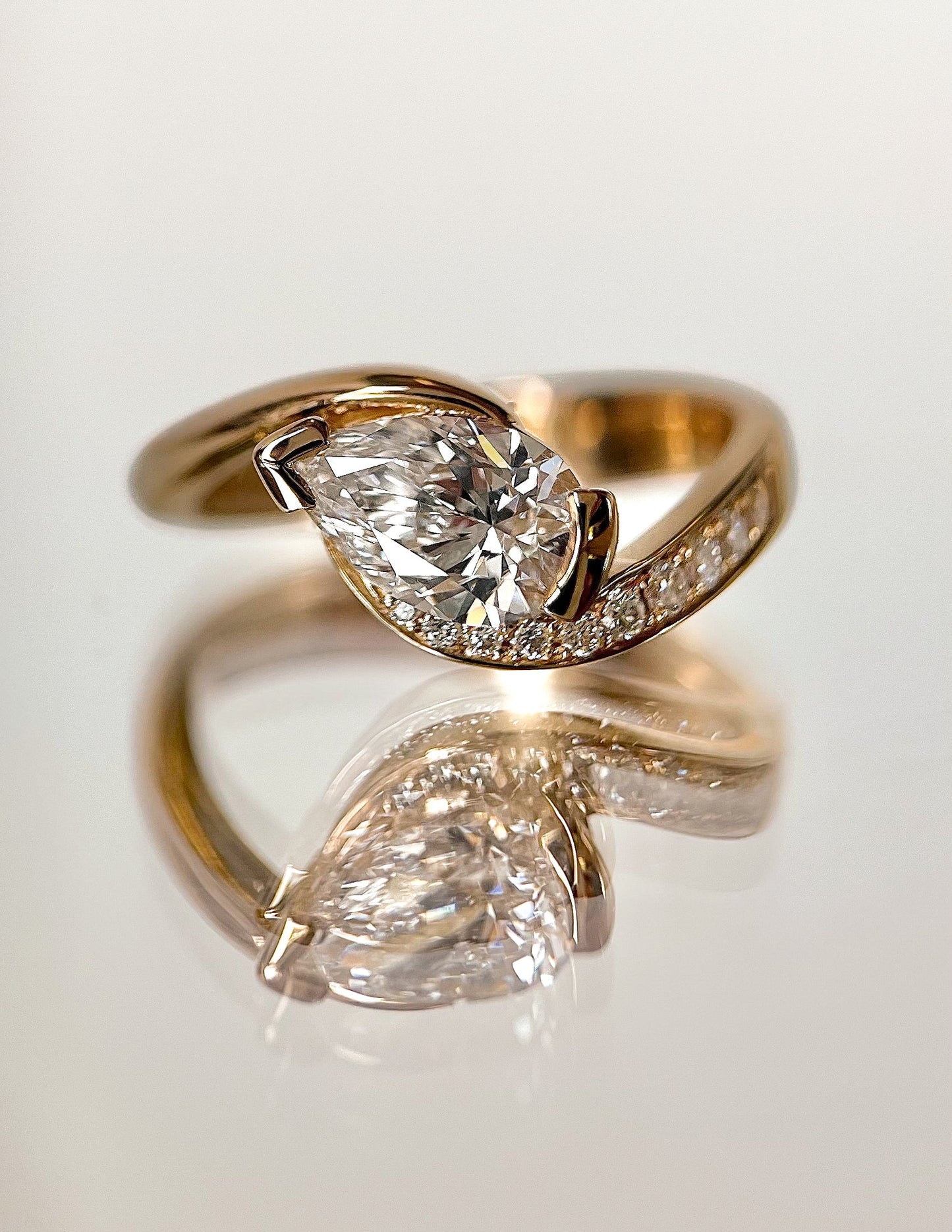 1 CT Pear Moissanite Engagement Ring with Swirl Semi Pave Design