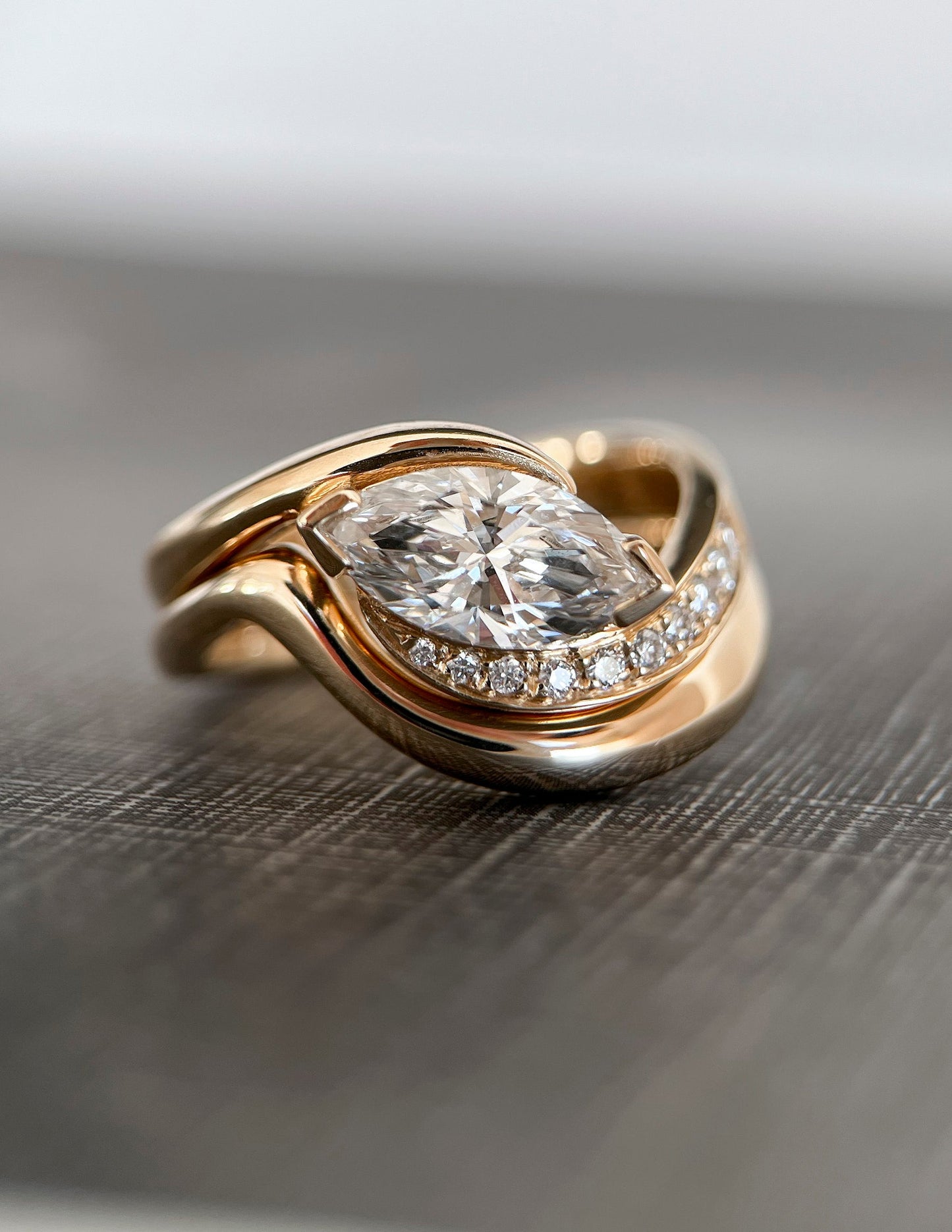 1 CT East-West Marquise Cut Curved Moissanite Ring With Plain Stacking Band