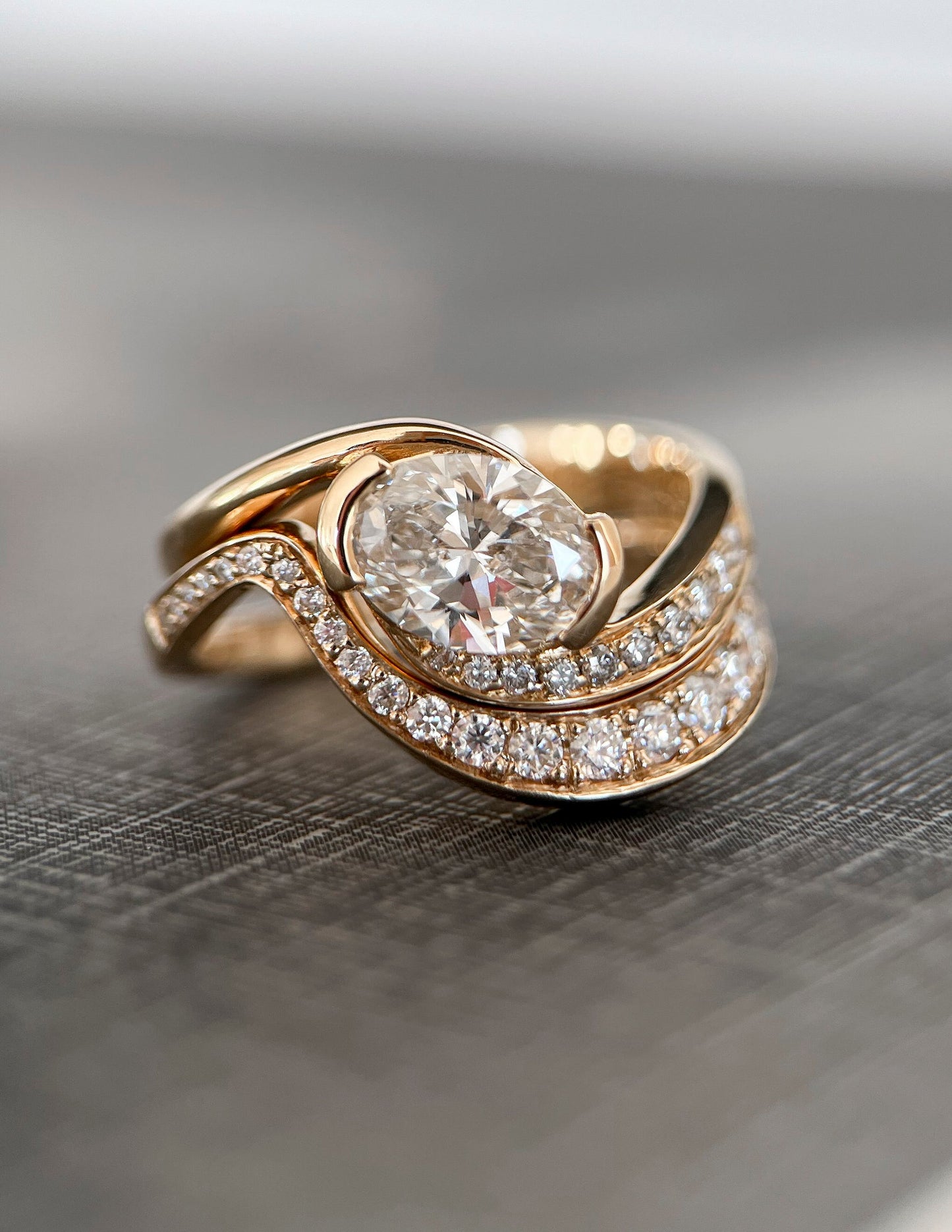 1 CT Oval Cut Moissanite Ring With Wrap Bold Pave Band