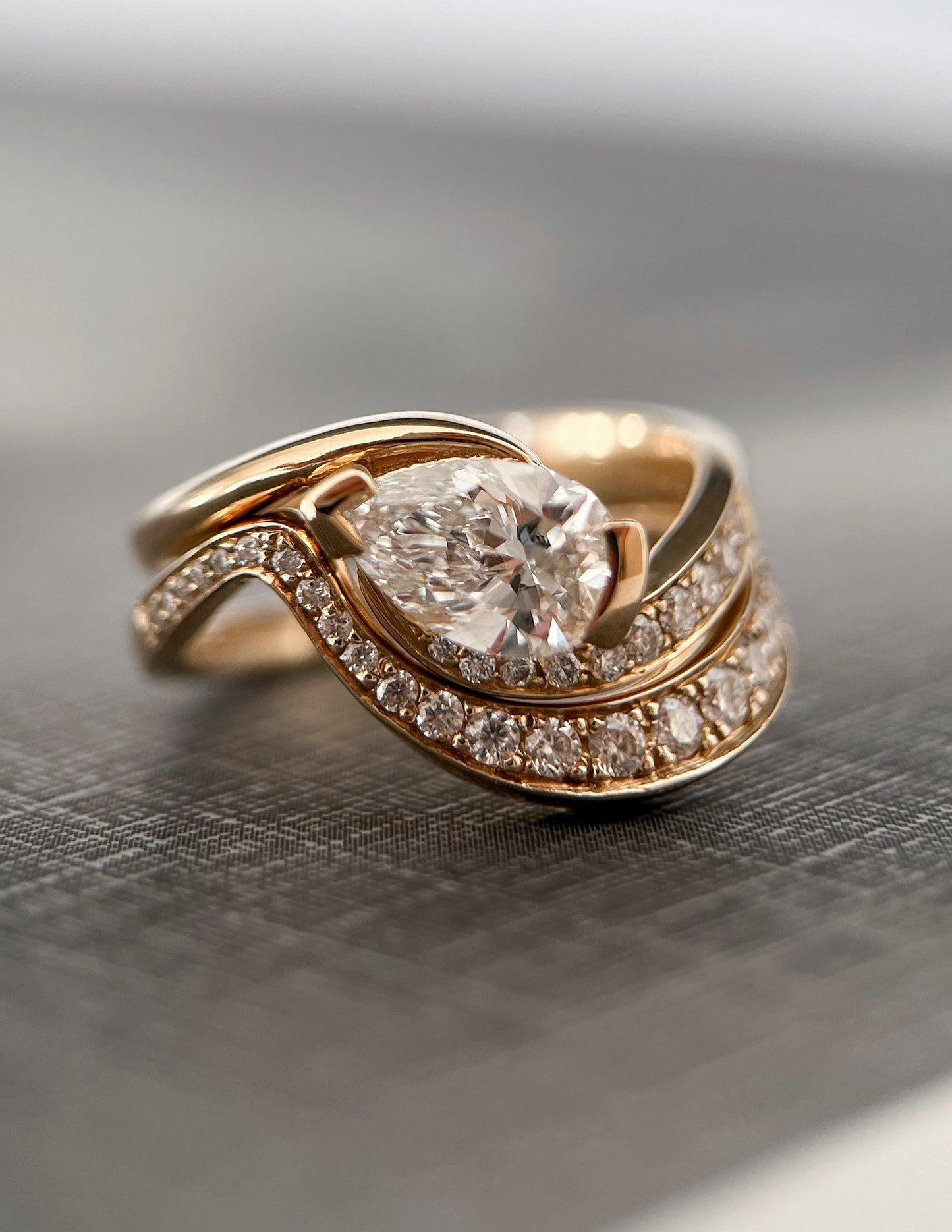 1 CT Pear Cut Solitaire Moissanite Ring With Wrap Bold Pave Band