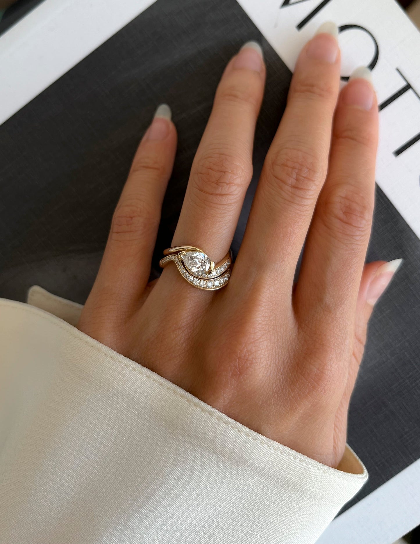 1 CT Pear Cut Solitaire Moissanite Ring With Wrap Bold Pave Band