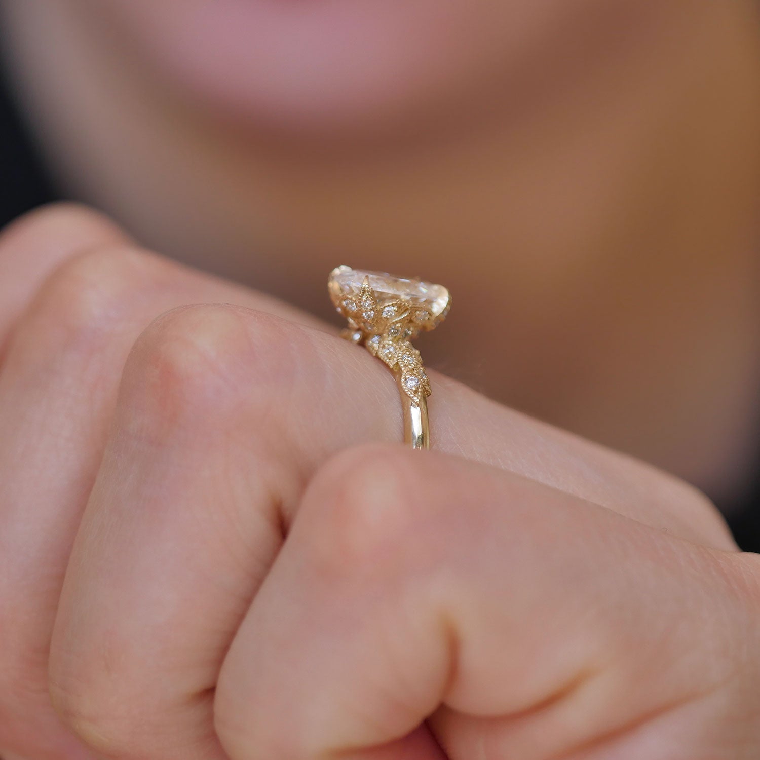 Marquise Shaped Three Stone Lab Grown Diamond Engagement Ring