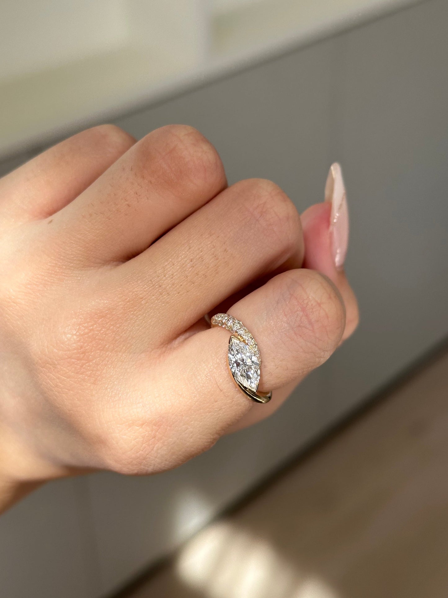 Marquise Shaped Three Stone Lab Grown Diamond Engagement Ring