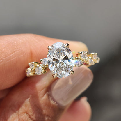 Oval Shape Engagement Ring with Zig Zag Band in Gold