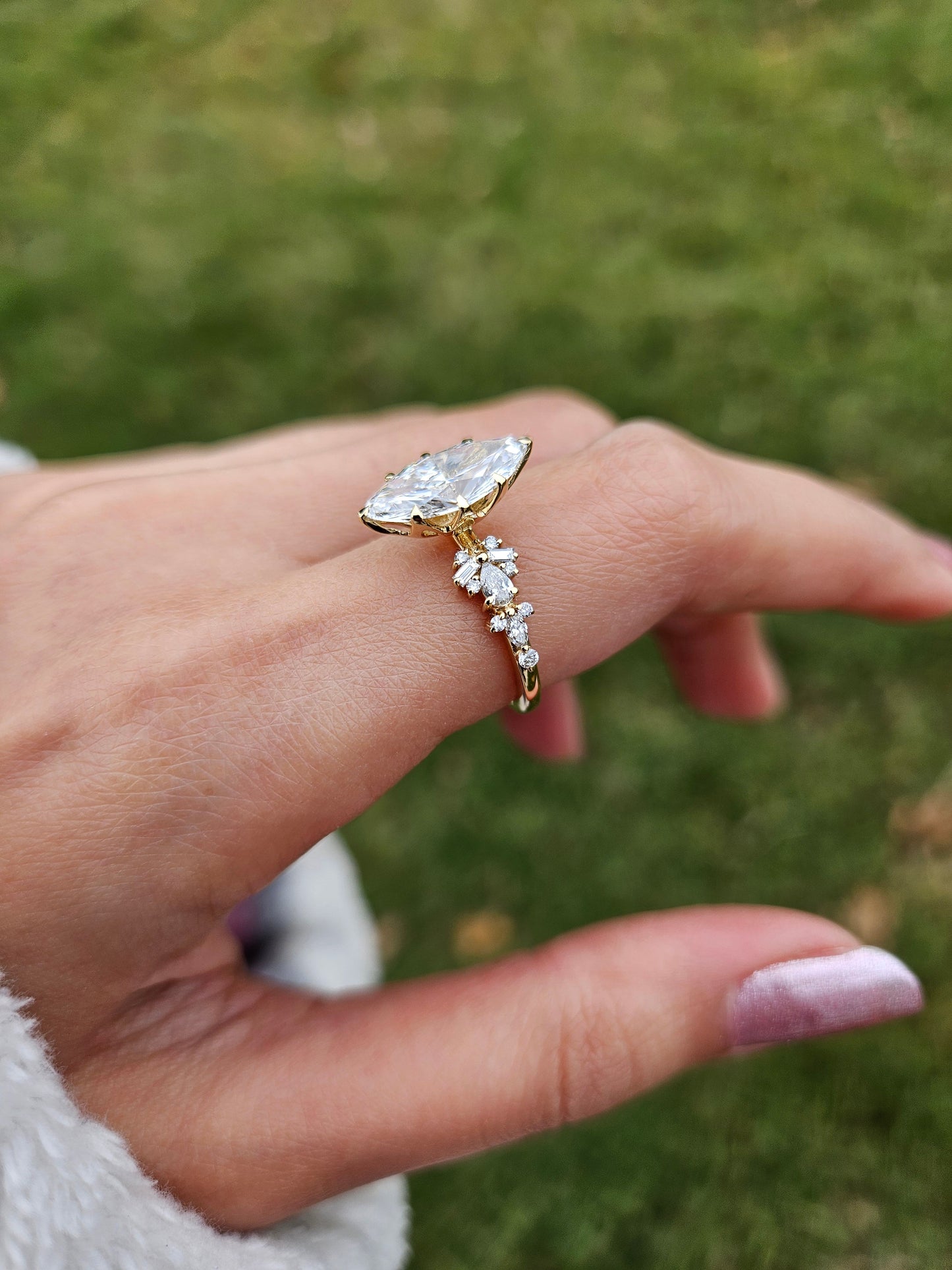 Marquise Shaped Three Stone Lab Grown Diamond Engagement Ring