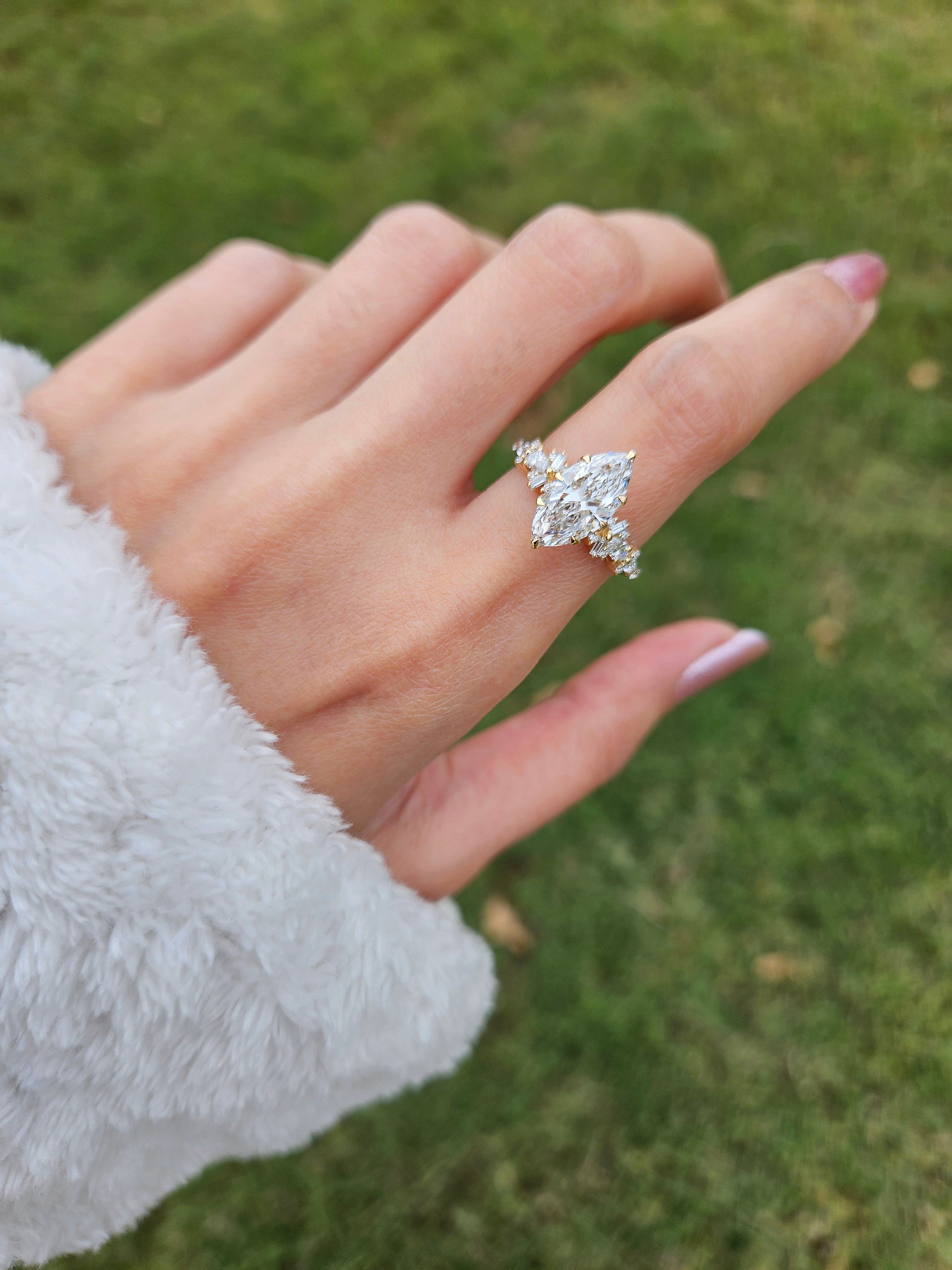 Marquise Shaped Three Stone Lab Grown Diamond Engagement Ring