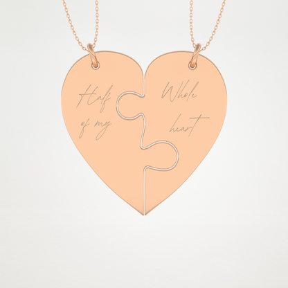 Custom Engraved Split Heart Puzzle Pendant Necklace – 14K/18K Gold & 925 Silver 16