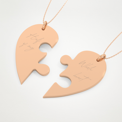 Custom Engraved Split Heart Puzzle Pendant Necklace – 14K/18K Gold & 925 Silver 20