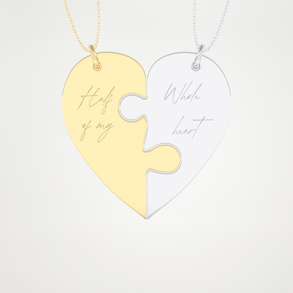 Custom Engraved Split Heart Puzzle Pendant Necklace – 14K/18K Gold & 925 Silver 12