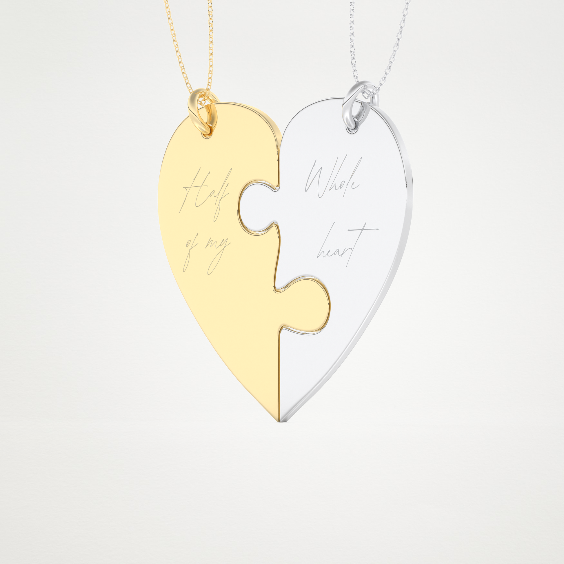 Custom Engraved Split Heart Puzzle Pendant Necklace – 14K/18K Gold & 925 Silver 13