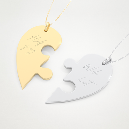 Custom Engraved Split Heart Puzzle Pendant Necklace – 14K/18K Gold & 925 Silver 11