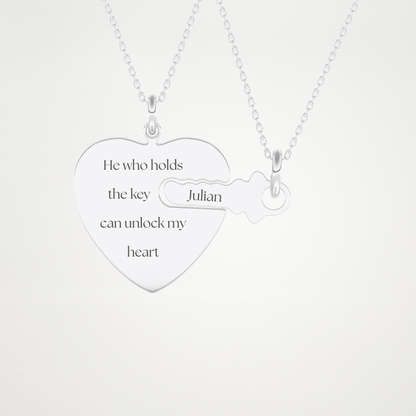 Custom Heart and Key Matching Necklace Set – 14K/18K Gold & 925 Silver 1