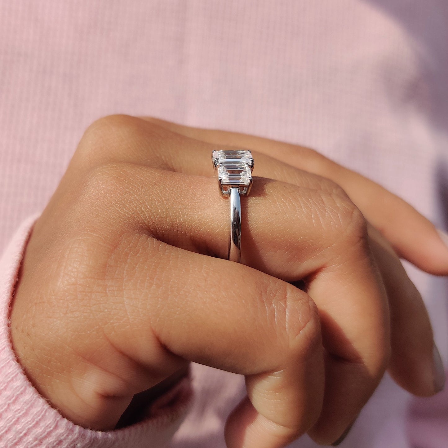 Emerald Cut Moissanite 3 Stone Engagement Ring