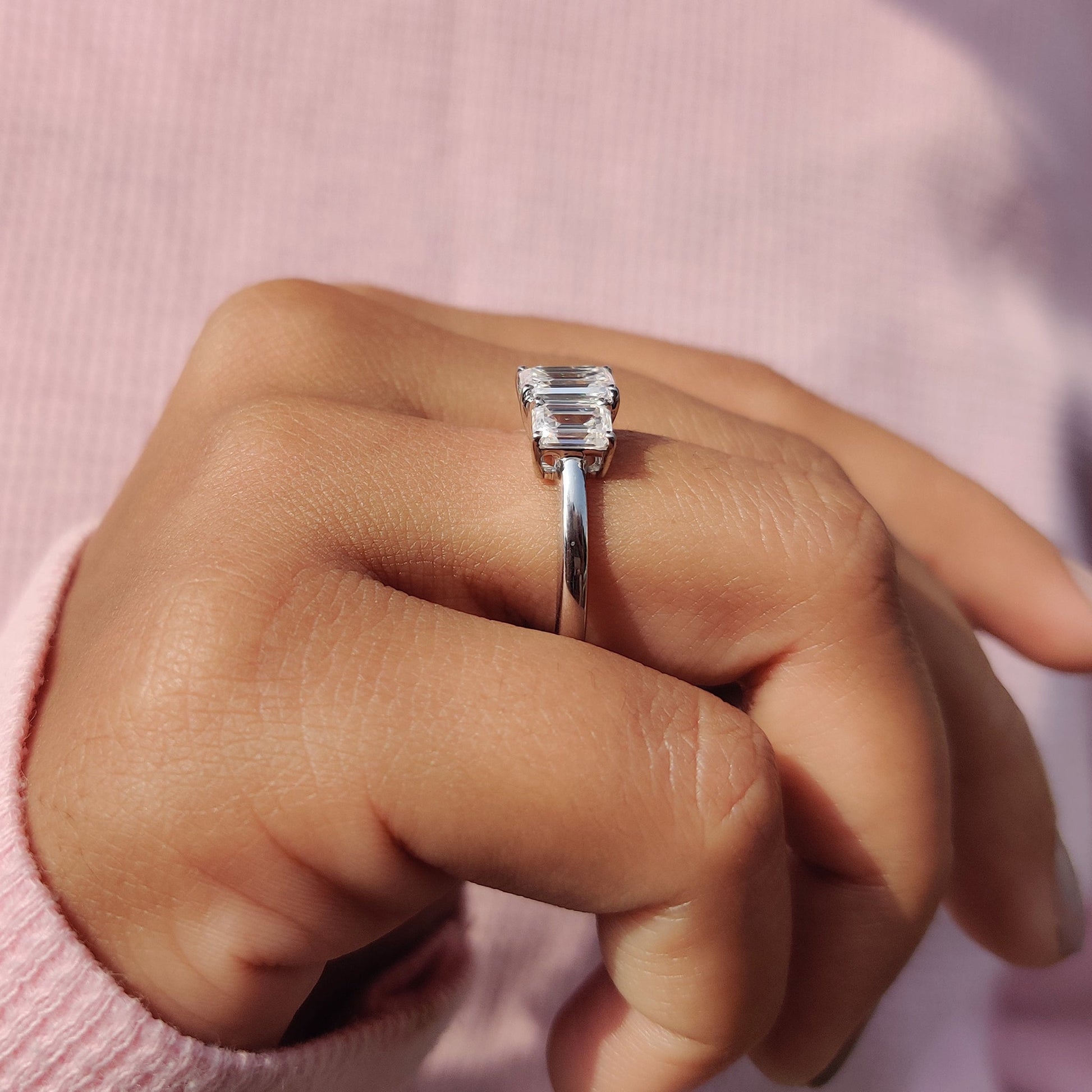 Emerald Cut Moissanite 3 Stone Engagement Ring
