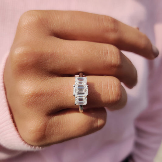 Emerald Cut Moissanite 3 Stone Engagement Ring