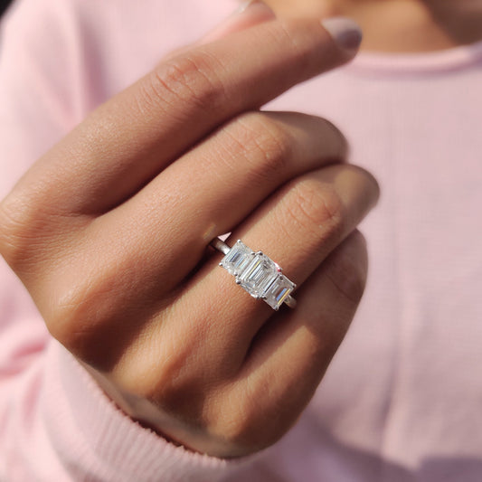 Emerald Cut Moissanite 3 Stone Engagement Ring