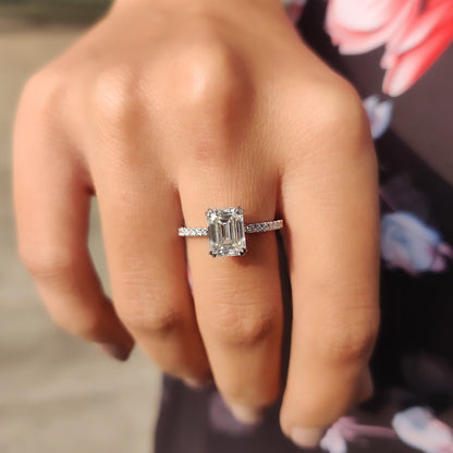 Emerald Cut Moissanite Under Halo Engagement Ring