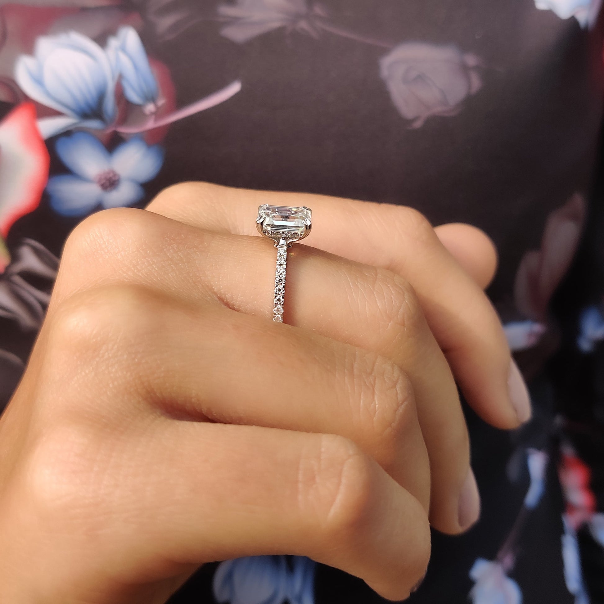 Emerald Cut Moissanite Under Halo Engagement Ring