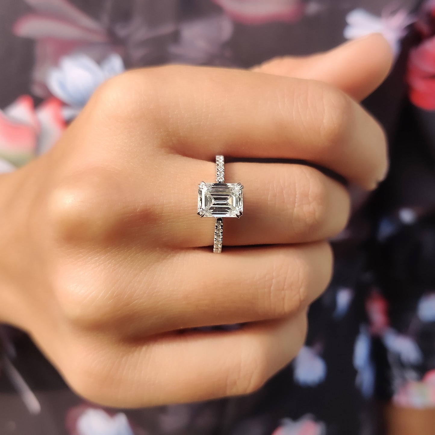 Emerald Cut Moissanite Under Halo Engagement Ring