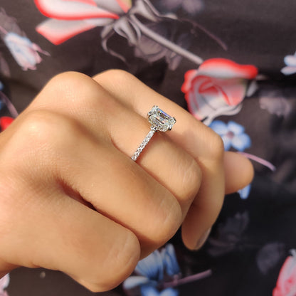 Emerald Cut Moissanite Under Halo Engagement Ring