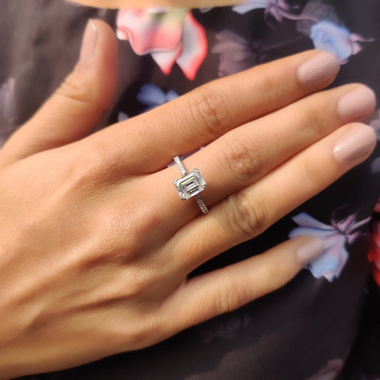 Emerald Cut Moissanite Under Halo Engagement Ring