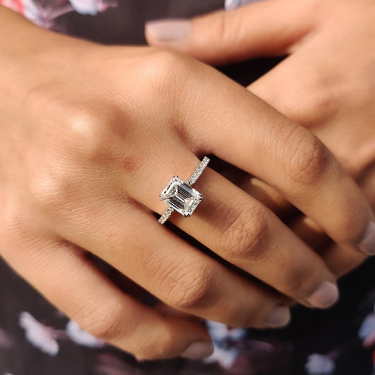 Emerald Cut Moissanite Under Halo Engagement Ring