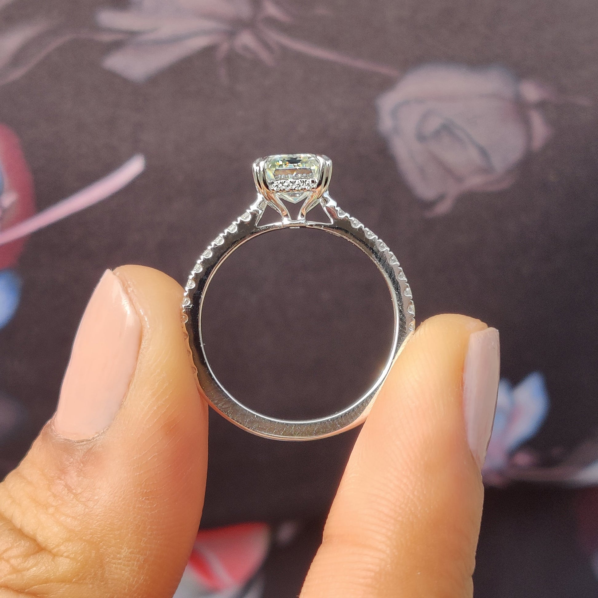 Emerald Cut Moissanite Under Halo Engagement Ring