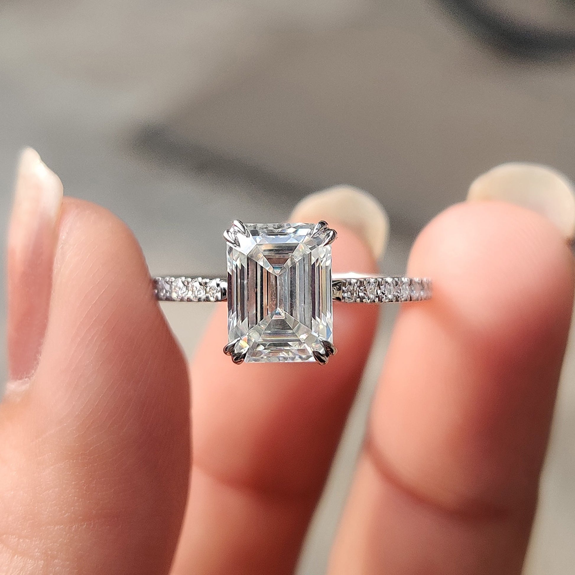 Emerald Cut Moissanite Under Halo Engagement Ring