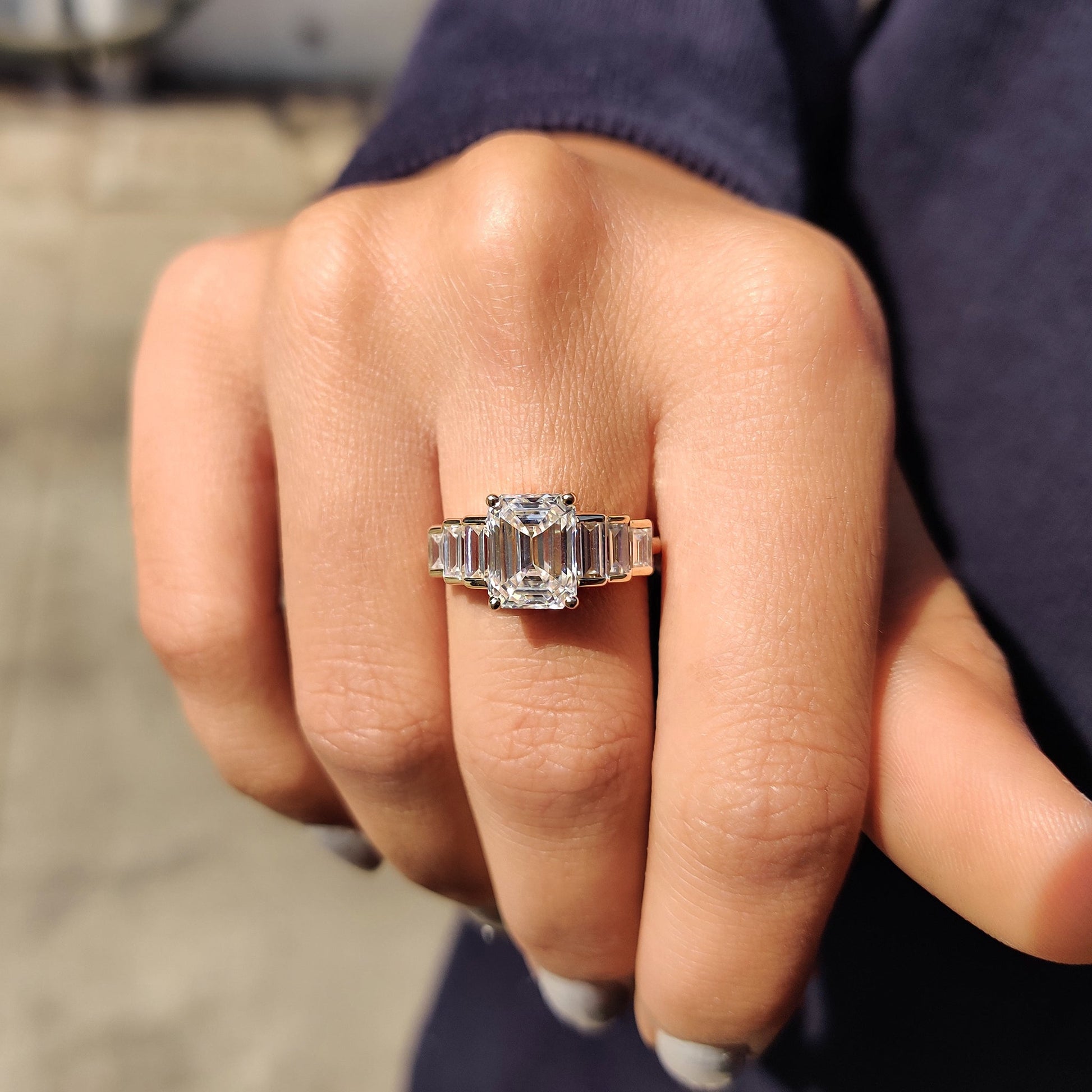 Emerald Engagement Ring With Baguette Cut Moissanite