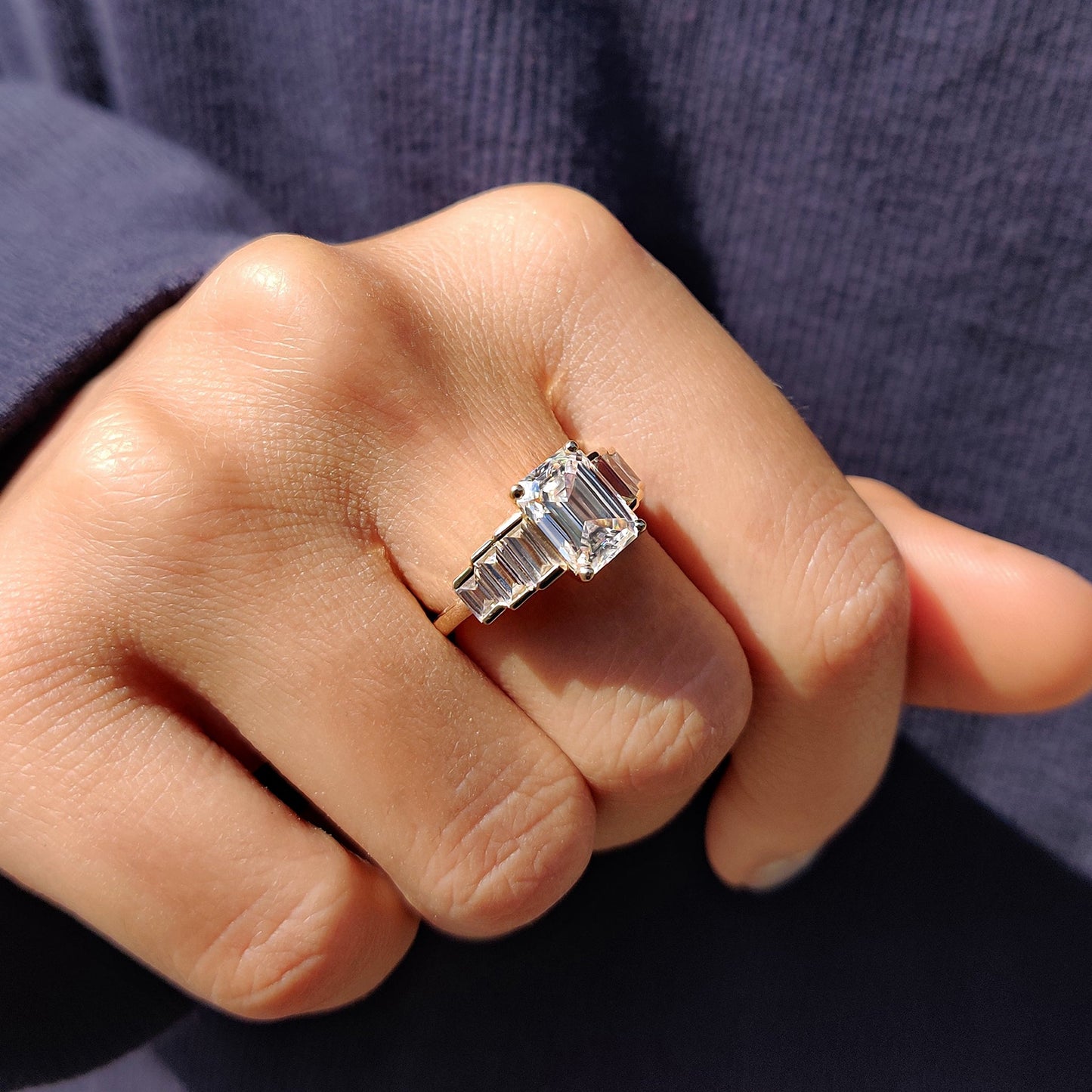 Emerald Engagement Ring With Baguette Cut Moissanite