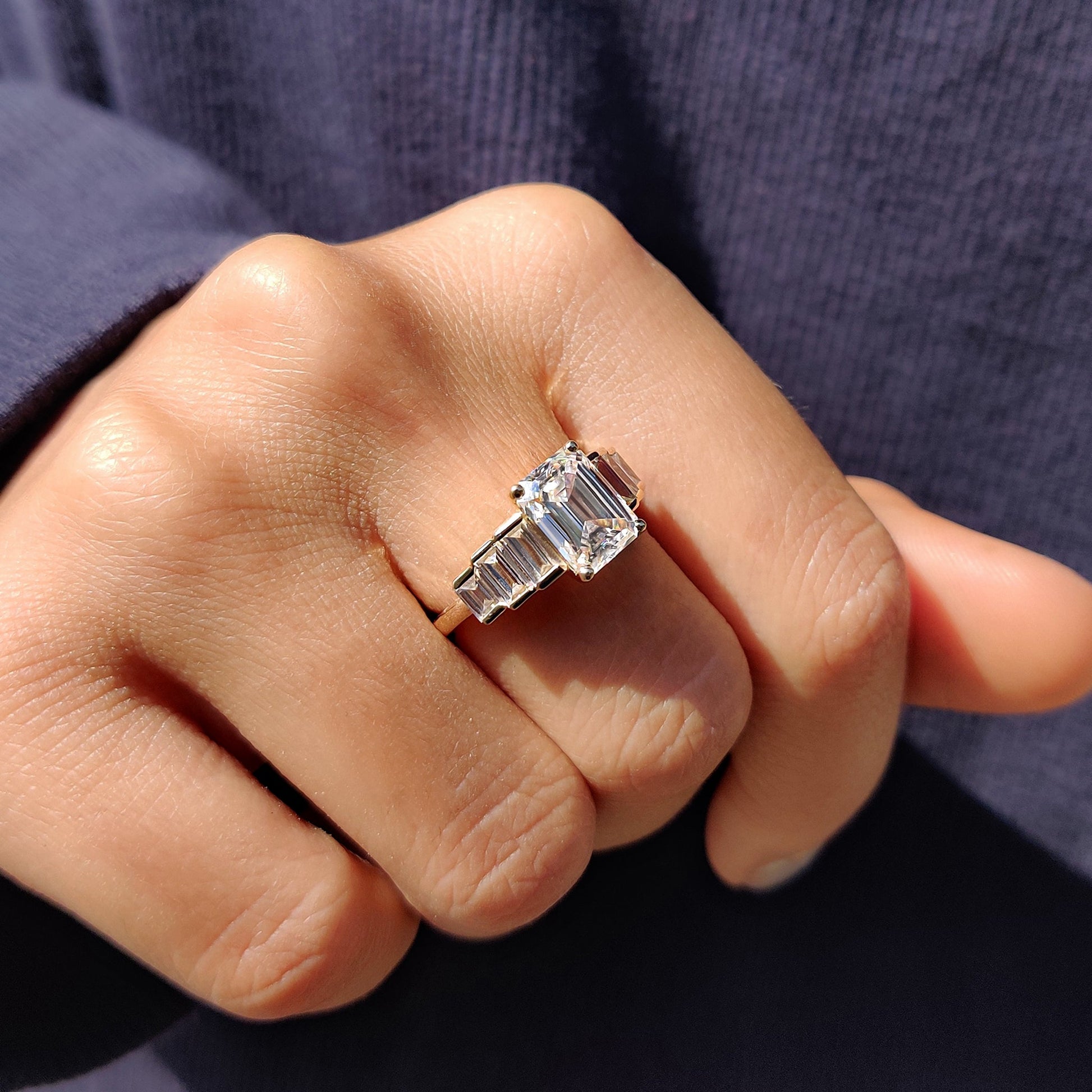 Emerald Engagement Ring With Baguette Cut Moissanite