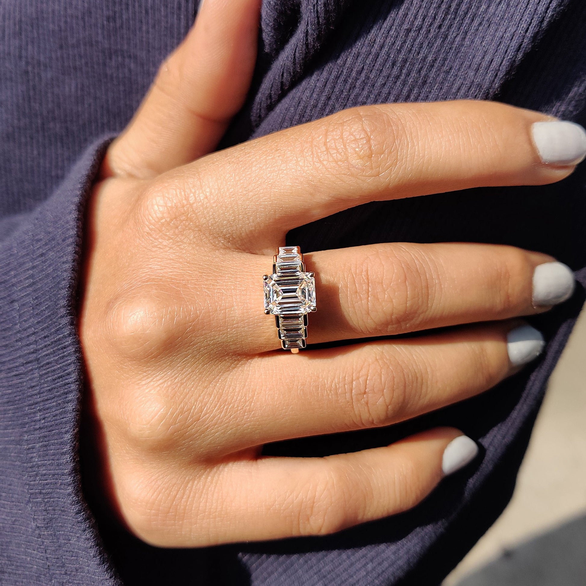 Emerald Engagement Ring With Baguette Cut Moissanite