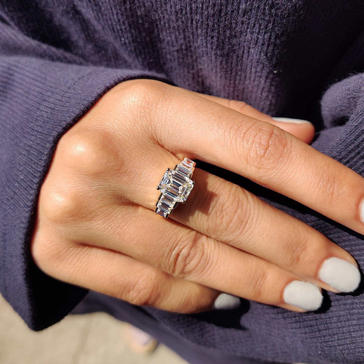Emerald Engagement Ring With Baguette Cut Moissanite