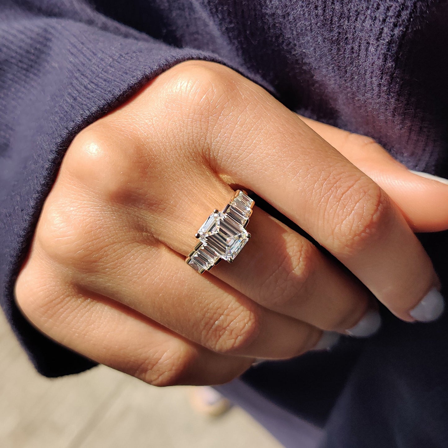 Emerald Engagement Ring With Baguette Cut Moissanite