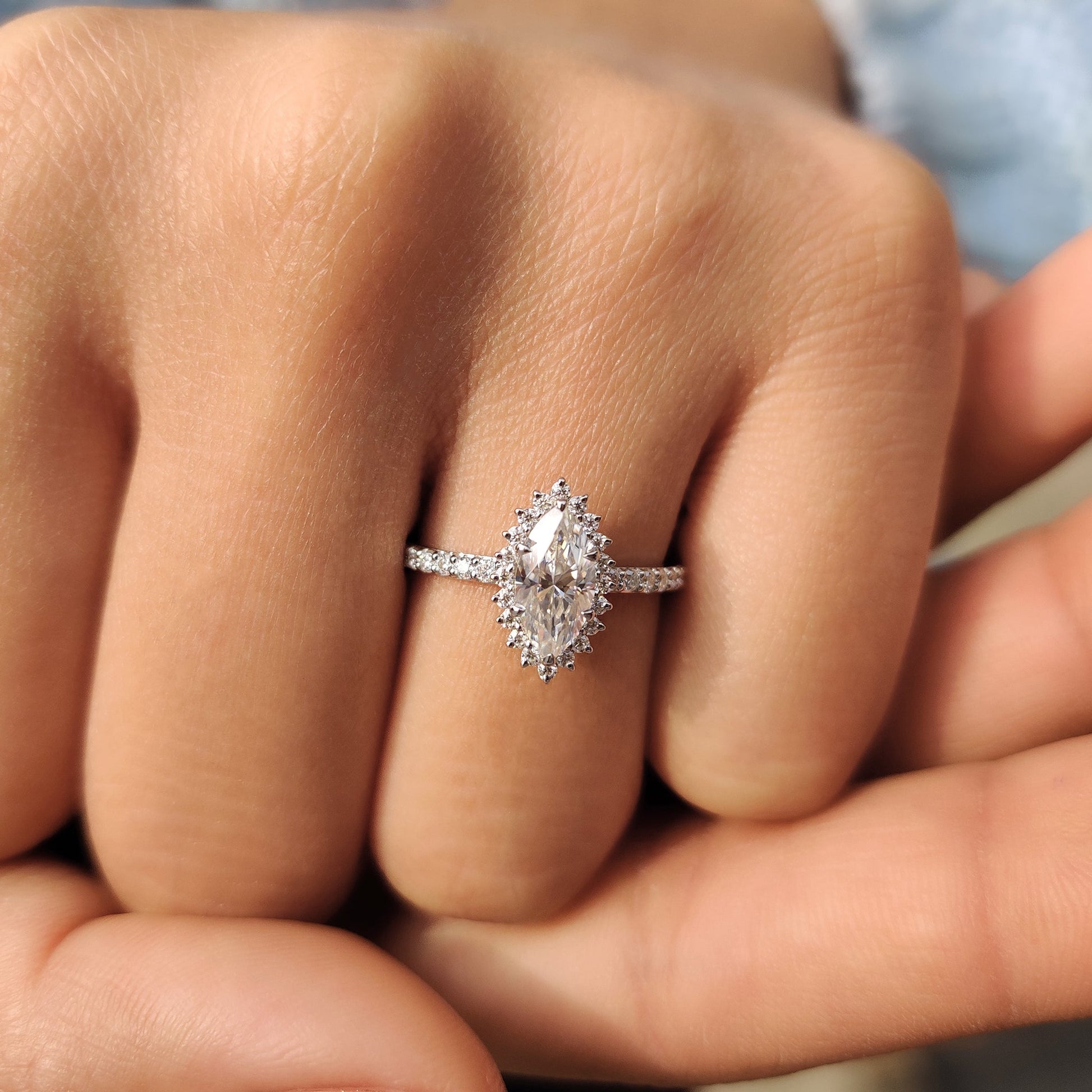 Marquise Halo Engagement Ring In Pave Band